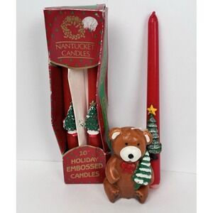 VTG Christmas Candles Lot Embossed Tapered Candles (3) & Christmas‎ Bear